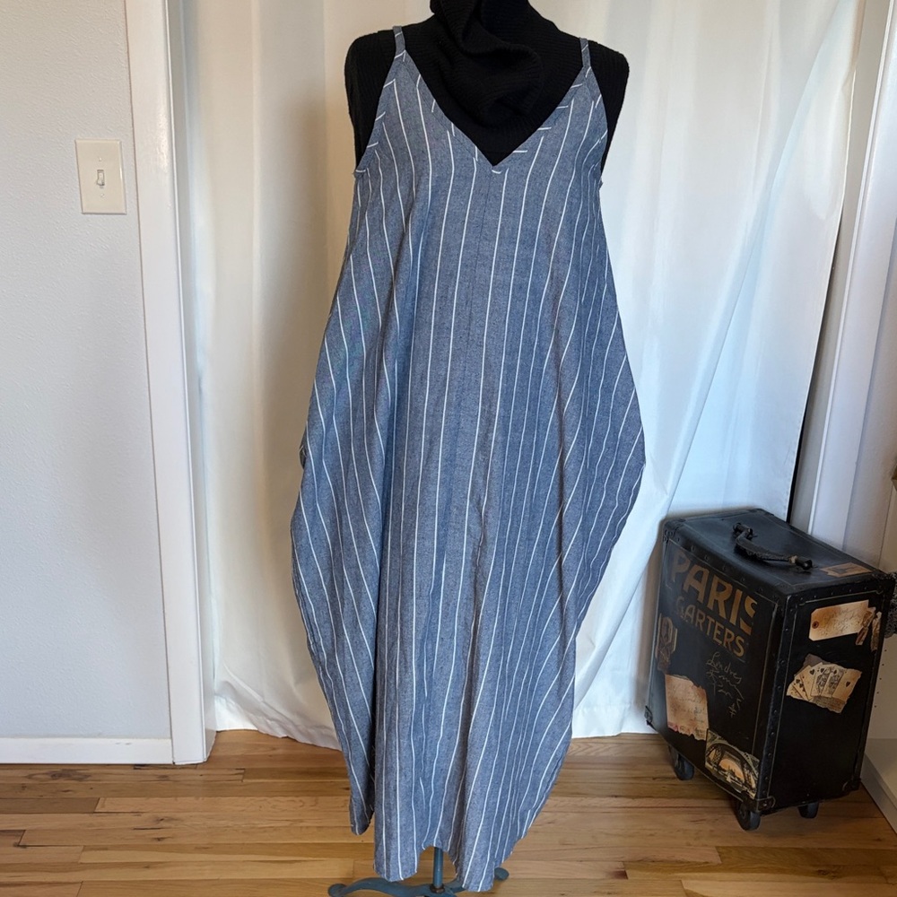 Cotton blue white striped spaghetti strap cotton dress with deep pockets breezy